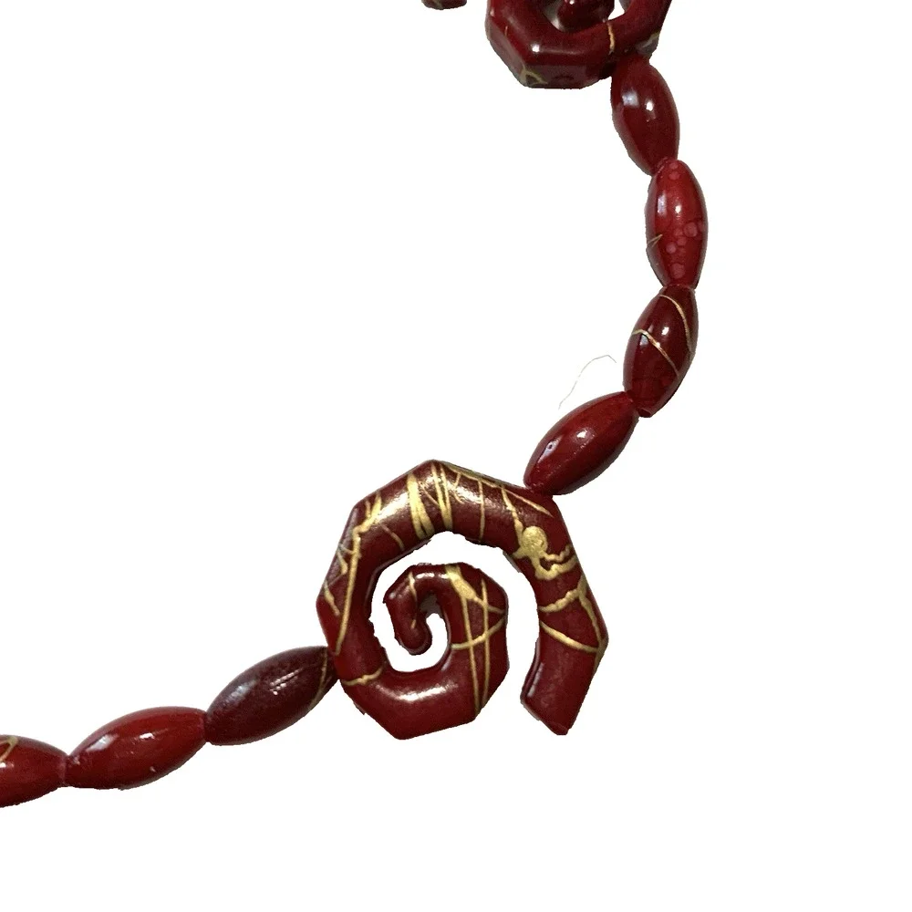 Vintage Acrylic Red Bead Necklace Deep Cherry Red w/ Swirls Gold Accents ~18